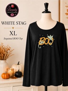 💕 White Stag XL Black Halloween BOO Sequin Ghost Long Sleeve Top